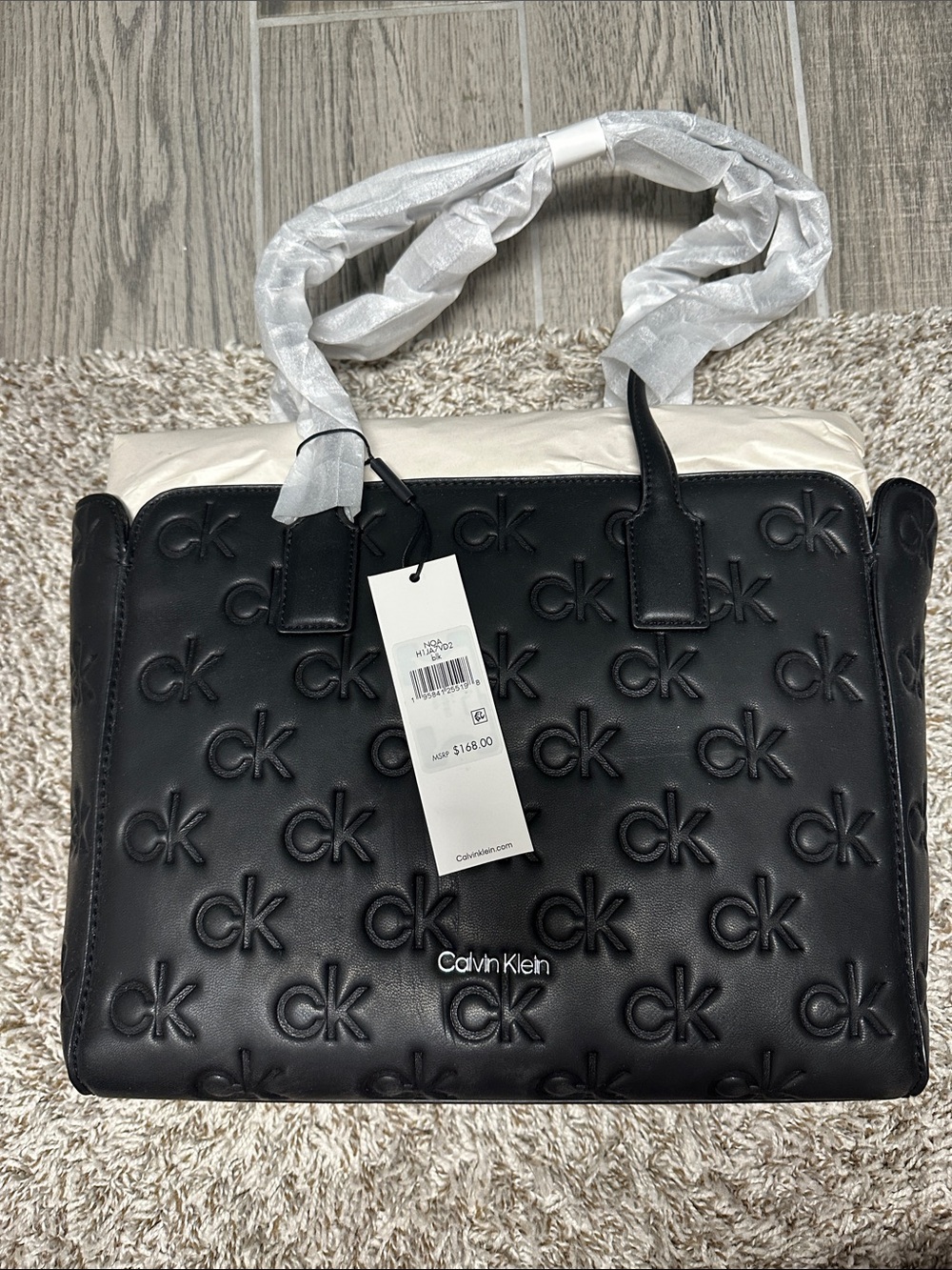 Calvin Klein Black Embossed CK Logo Tote with Top Handles